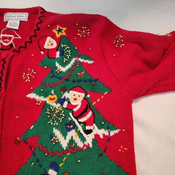 Vtg Parisian Works Christmas Cardigan Santa Christmas Tree Beaded Embellished M - Picture 9 of 12